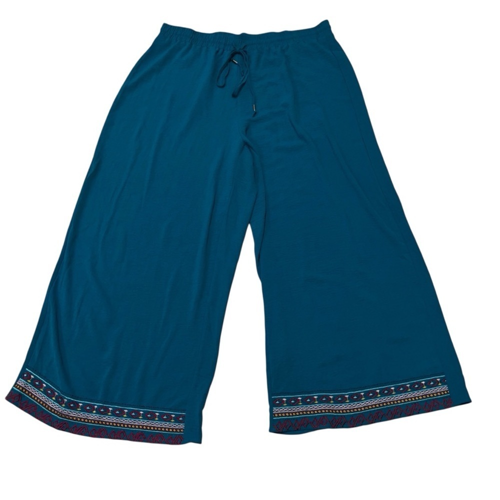 Unbranded Women's Size 4XL Wide Leg Pants Elastic Waist Embroidered Hems Boho